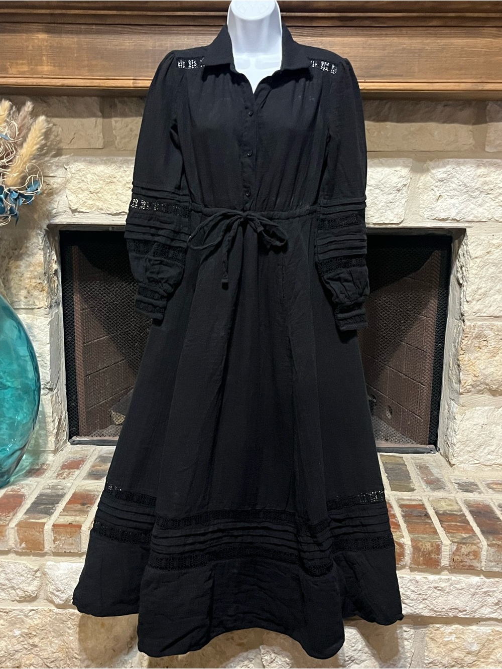 ME+EM Black 100% Cotton Cheesecloth Maxi Dress Tiered Lattice Lace Trim Size 4